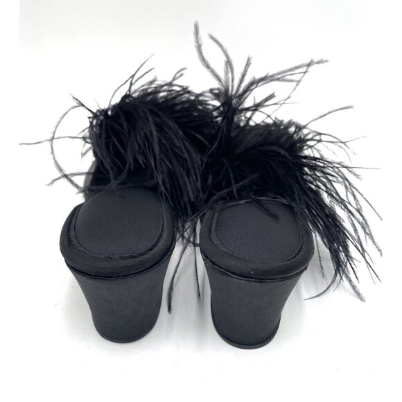 Vintage Madye's Fru-Fru Fancy Wedge Heel Black Slippers w Feathery Detail L 8-9 - Picture 4 of 12